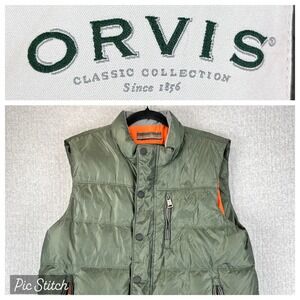 ORVIS Men M | Olive Green Duck Down Puffer Vest Zipper Pockets outdoor camping